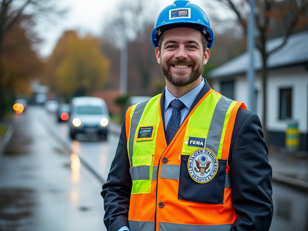 a photo of a FEMA office department manager in a suit smiling with hard hat and flood cover high visibility vest