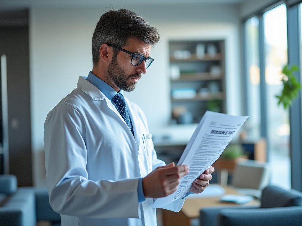 a scientist in a lab coat, looking concerned as he reads a homeowners insurance policy