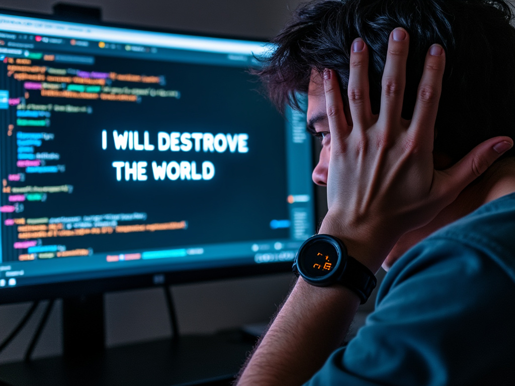 an over-the-shoulder shot of a screen with a man gripping the sides of his head in terror with the screen showing "I WILL DESTROY THE WORLD" as output within the ChatGPT chat window