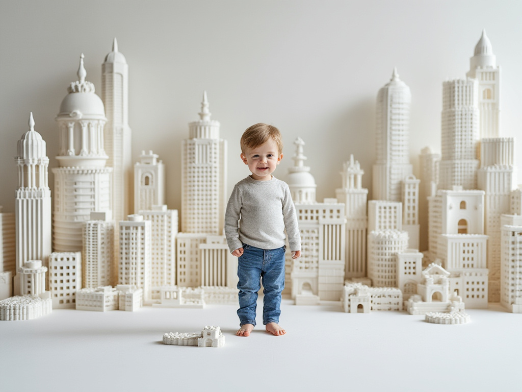 a photo of a toddler standing in a large white duplo city.