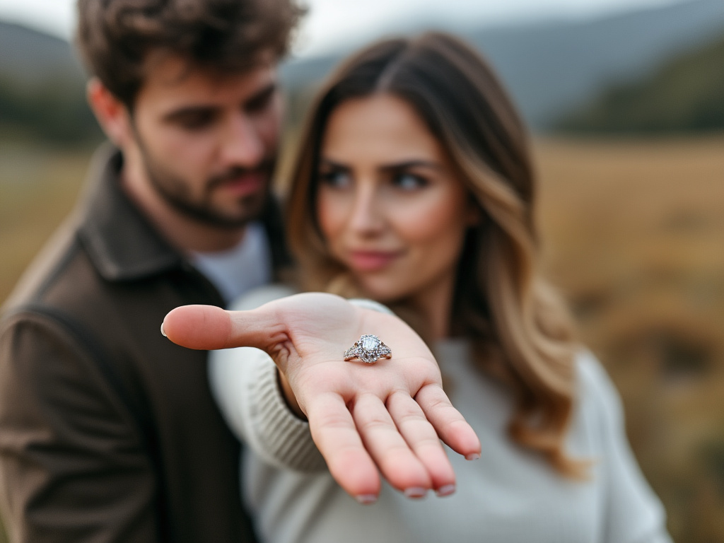 a woman holding her hand out with the ring on one finger. Her boyfriend standing on the left looking at it in confusion