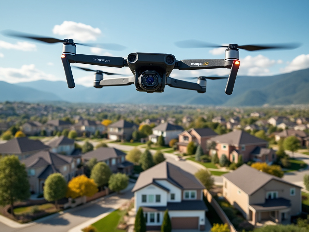 An Amazon delivery drone flying over a neighborhood