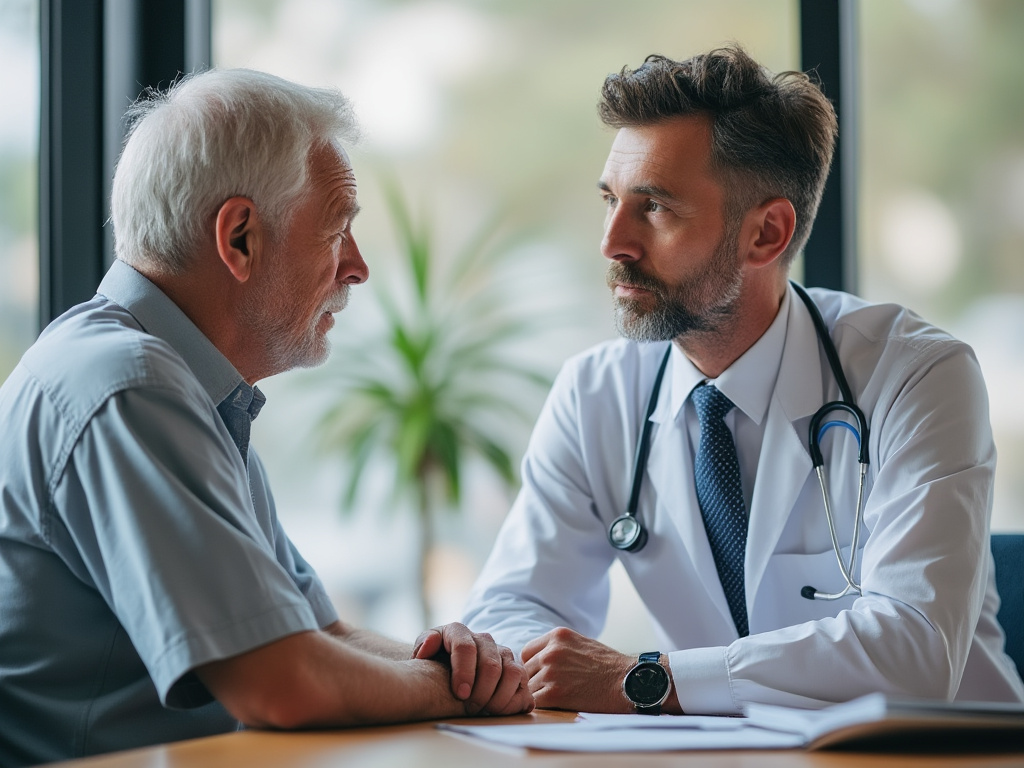 a color photo of a doctor talking to an older male patient in an office