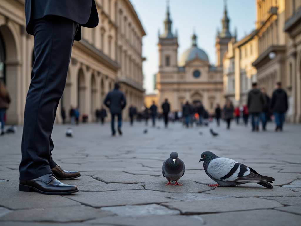 a photo of a man in a business suit pointing a google phone camera at a dead pigeon on the ground in a fancy part of town