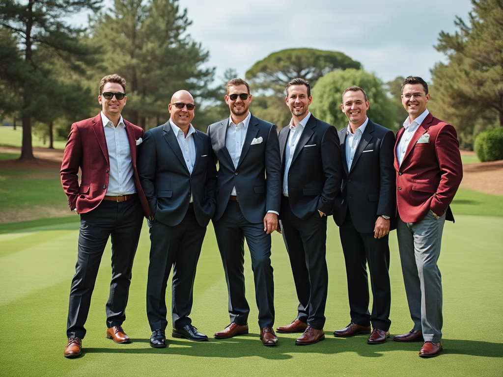 group of men in wealthy country club attire posing on golf course