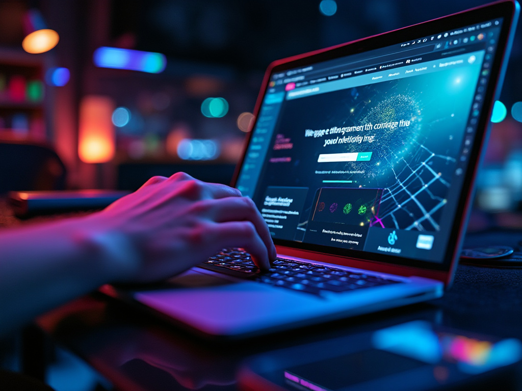 a photo of a hand using a laptop with the openAI website on it. It is brightly lit and colorful.