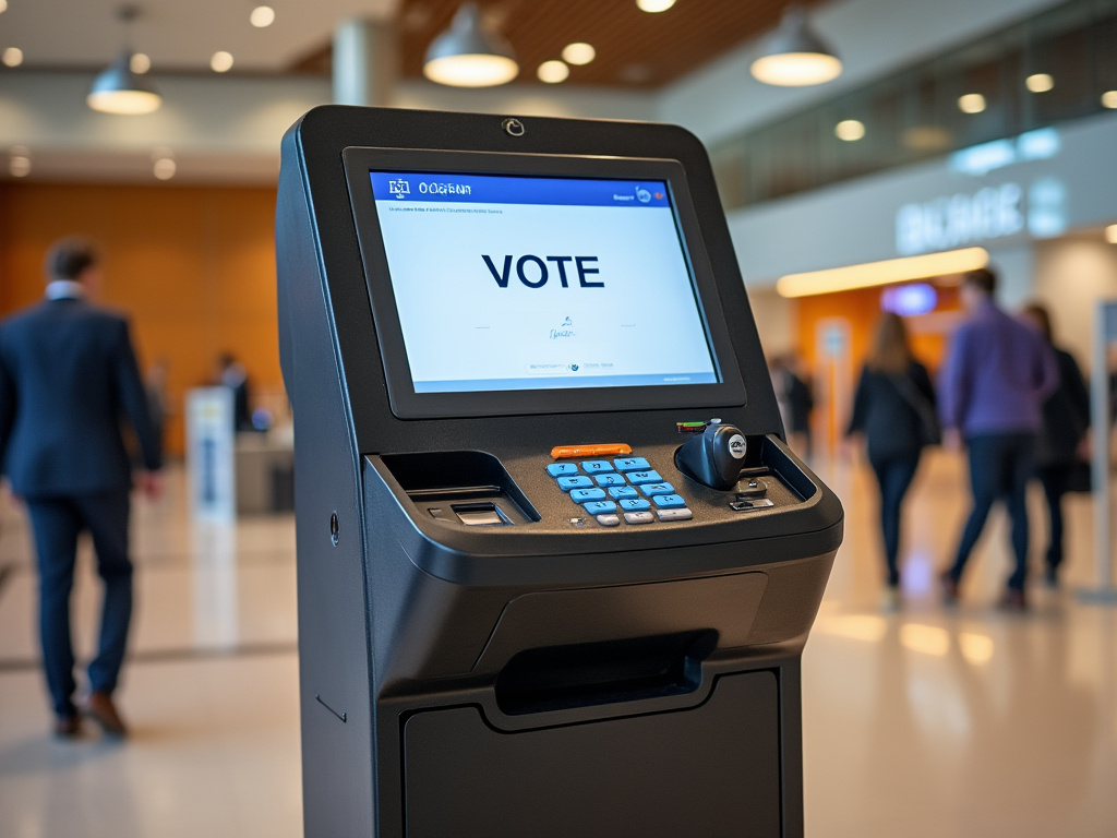 a voting machine in a conference lobby