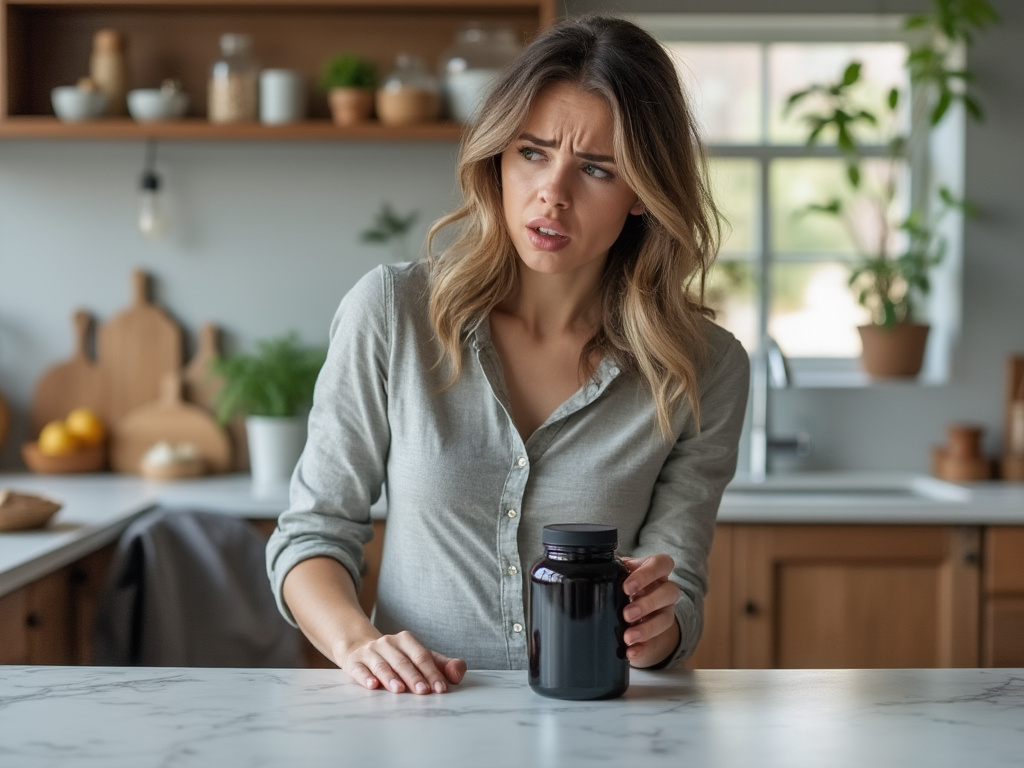 an editorial photo of a woman standing in a kitchen looking confused with a worried expression holding a black jar of a supplement sitting on the counter