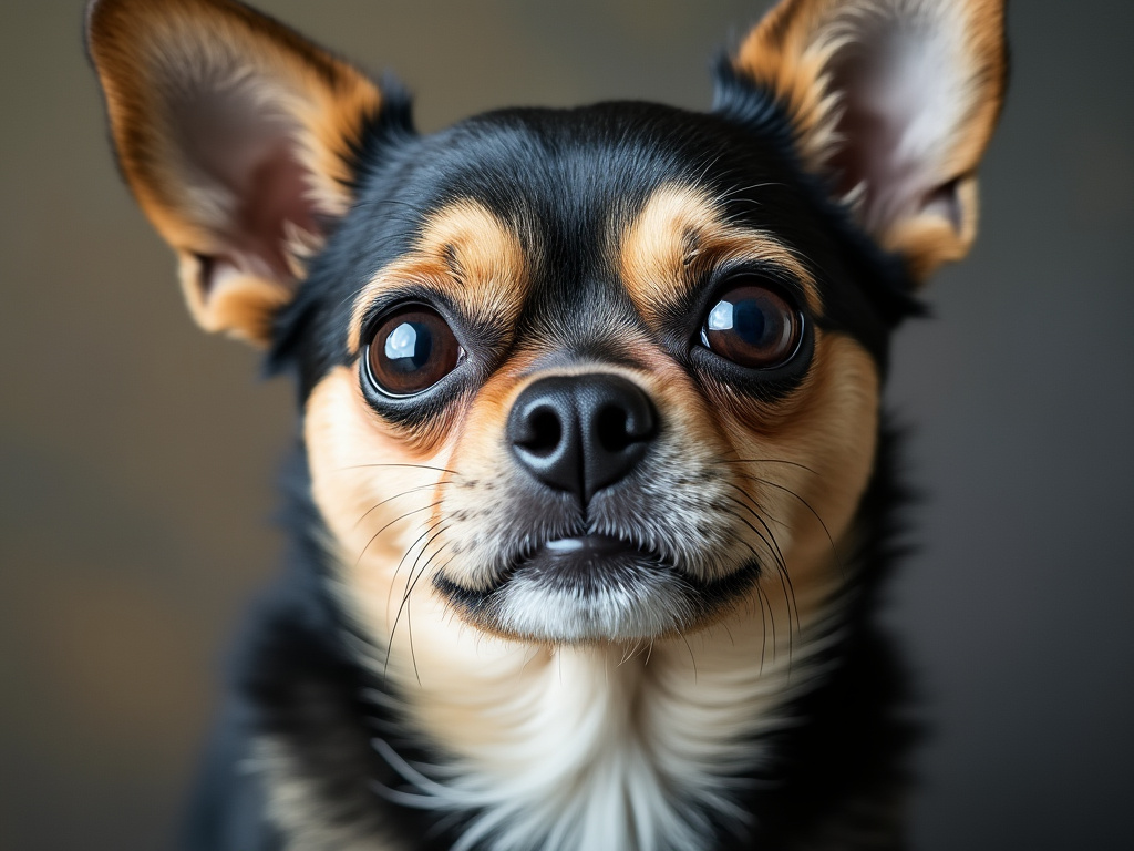 a close up photo of a worried looking small dog