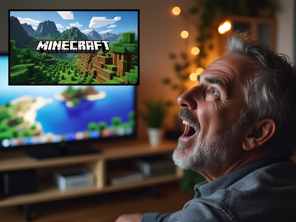 a middle aged man in his home looking excited and watching a tv. the photo in the top left corner should be of the poster for the movie