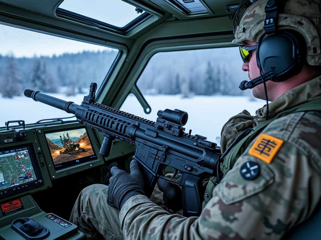 an army Stryker vehicle. The gunner is shown playing a video game on a control panel rather than operating the mounted .50 caliber machine gun. The Stryker is also on a snow-covered landscape.