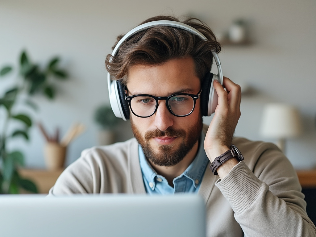 a photo of a man at a laptop wearing headphones