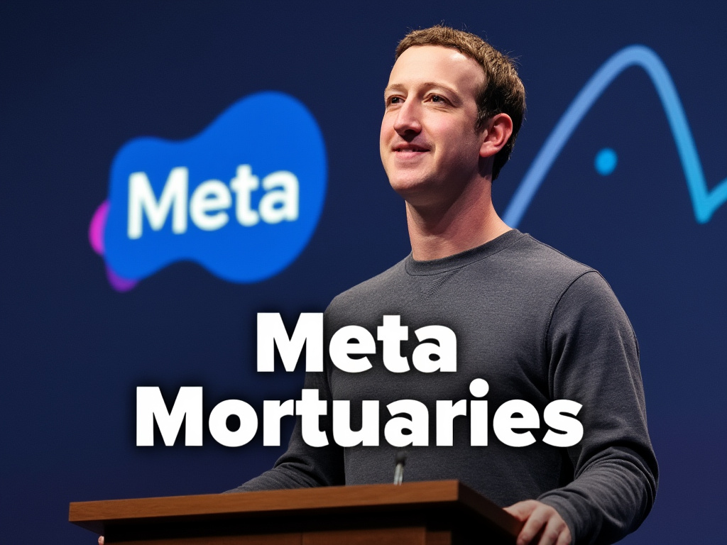 Mark Zuckerberg standing at a podium with a Meta logo in the background and text that says "Meta Mortuaries"