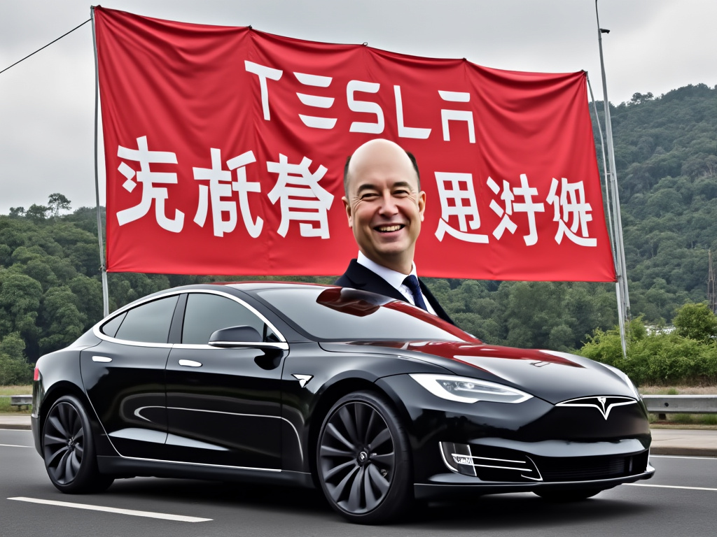 a picture of a tesla on a road with a huge red banner in the air with Chinese writing and Elon Musk looking slightly side-eyed with a smiling bald man standing next to him