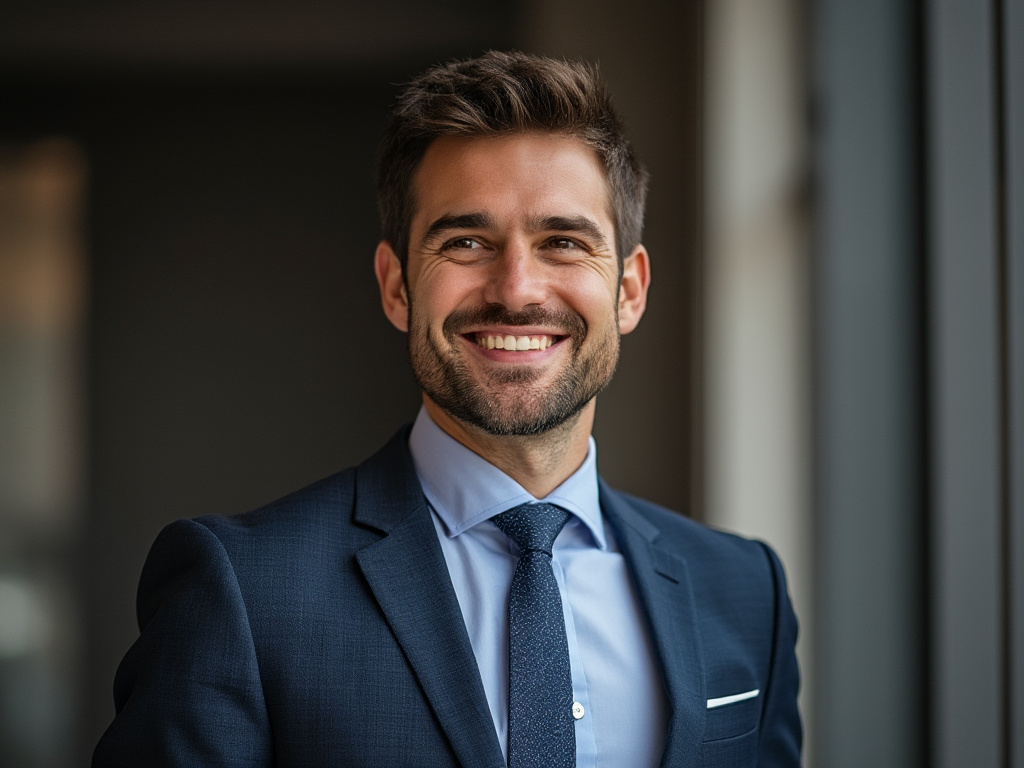 a photo of a man in a business suit smiling and looking off to the right