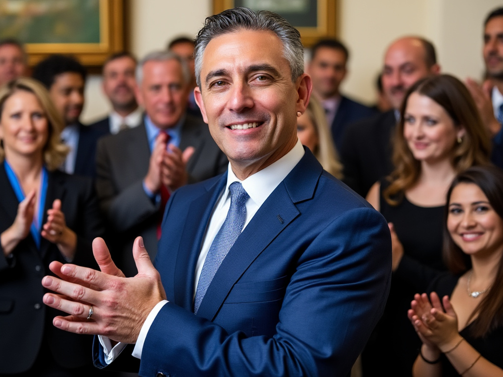 a group of people applauding banker Steven Escalada as he goes into retirement, we see Escalada in the middle of the image, he is 54 years old wearing a blue suit
