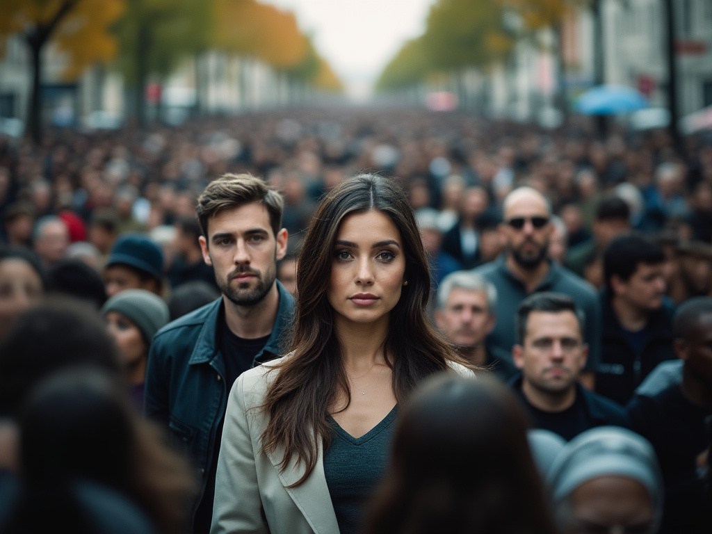 an out-of-focus scene of a large crowd with a male and female in the front right side blur, slightly blurry, a perfect image for displaying against an FBI 'ticking time bomb' style watermark