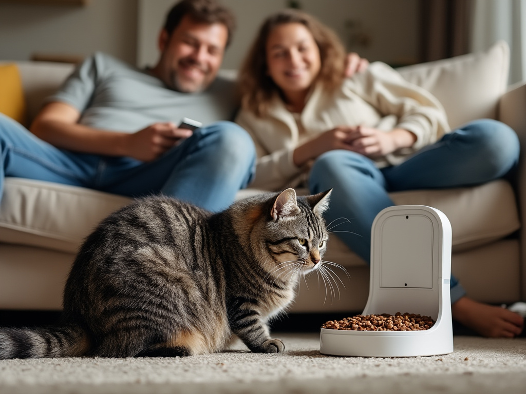 two parents enjoying a day on the couch with a lazy, fat cat, a gray and black tabby cat pawing at an automatic feeder.