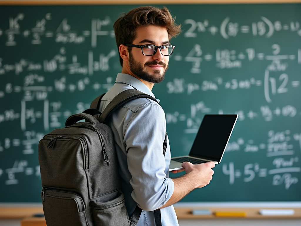 a photo of a young man with a backpack and laptop standing in front of chalkboards covered in math formulas