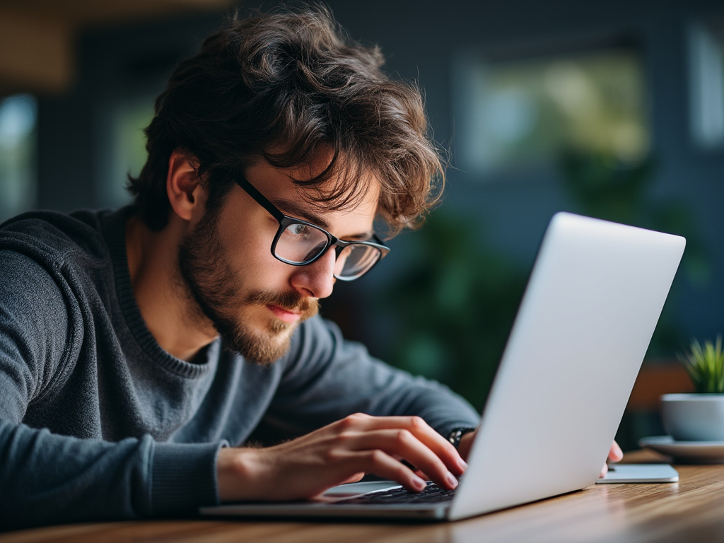 a photo of a man with glasses and scruffy hair leaning over a laptop with the screen lighting his face