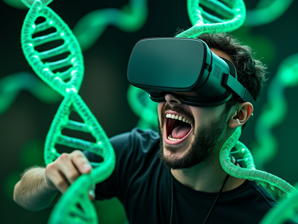 a man with glasses and middle eastern wearing a black t-shirt holding an oculus quest pro vr headset looking really excited surrounded by a green dna mesh