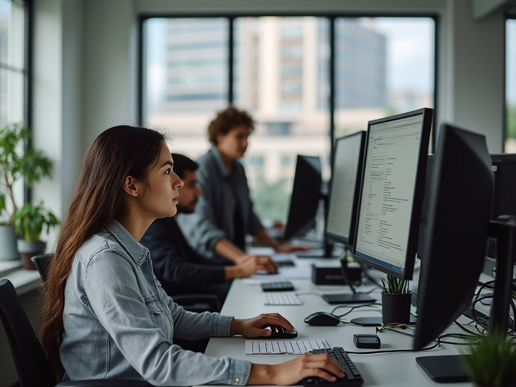 people in a simple office working on computers