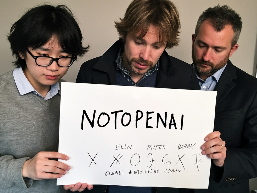 Eli Chen, Denis Yarats, and Michael Cohen stare down at a piece of paper together with some letters sketched out, some crossed out, and one un-crossed-out reading 'NOTOPENAI'