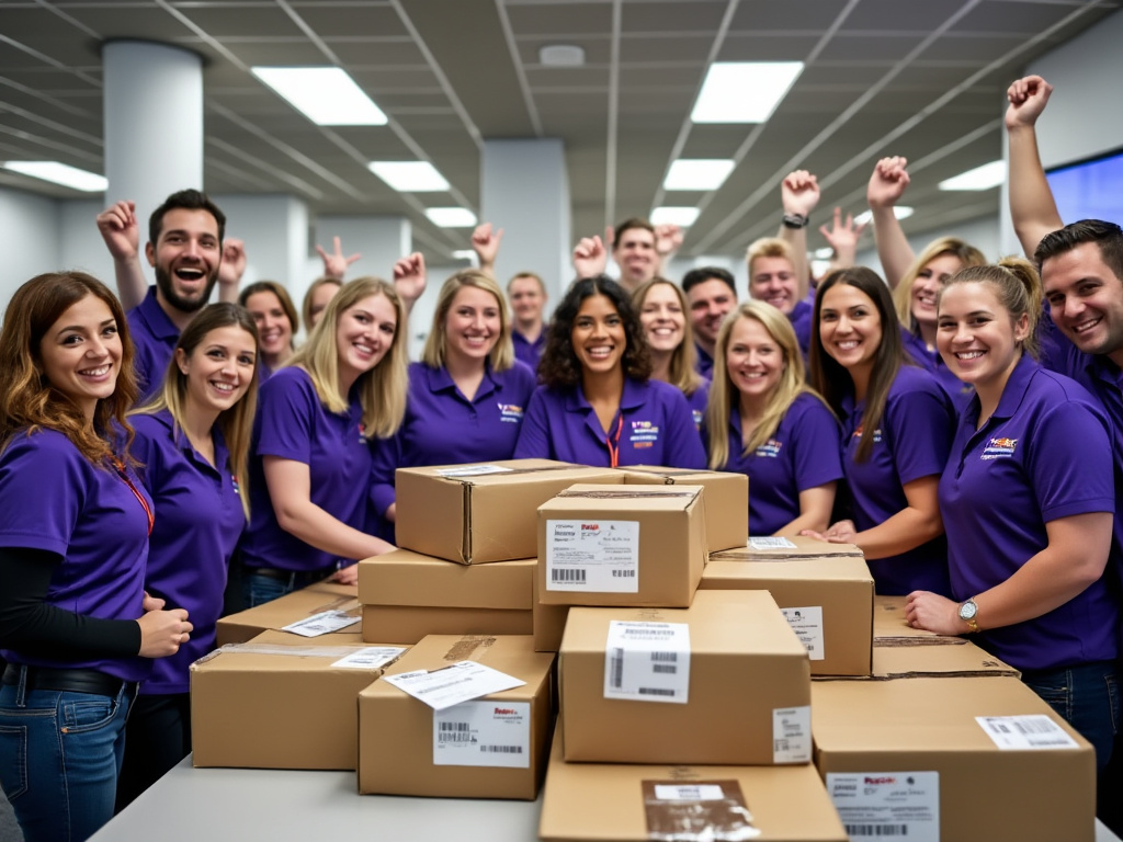 a photo of FedEx packages inside FedEx headquarters with cheering employees celebrating the announcement that all packages will now use reusable shipping labels