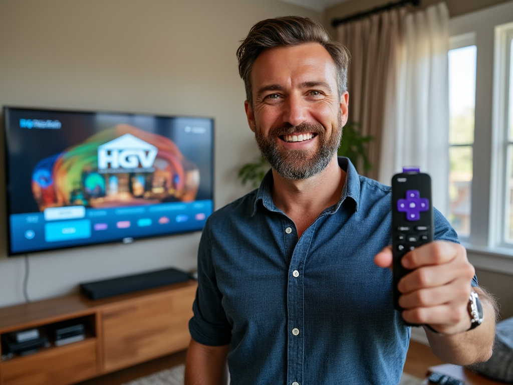 a man proudly holding a Roku remote in his living room where HGTV is on and the TV stand is cluttered with remote controls