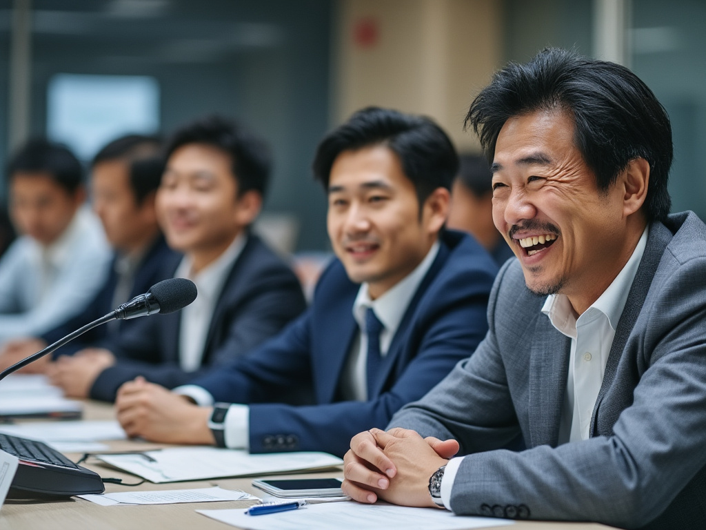 a close-up shot of a Japanese man smiling and talking into a microphone as he sits at a desk next to three other Japanese people, with more sitting at desks filling the background