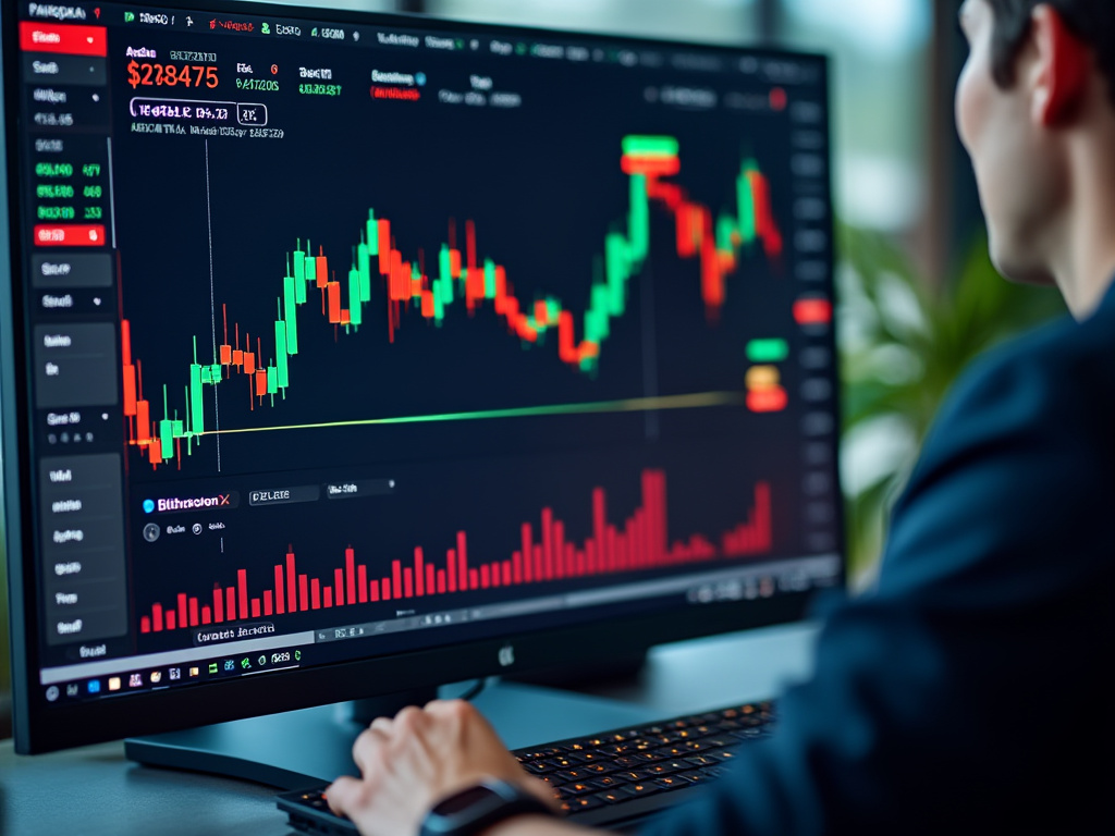 a photo of a person sitting at different charts on a computer, plus a candlestick chart of an Ethereum price chart from Bitfinex
