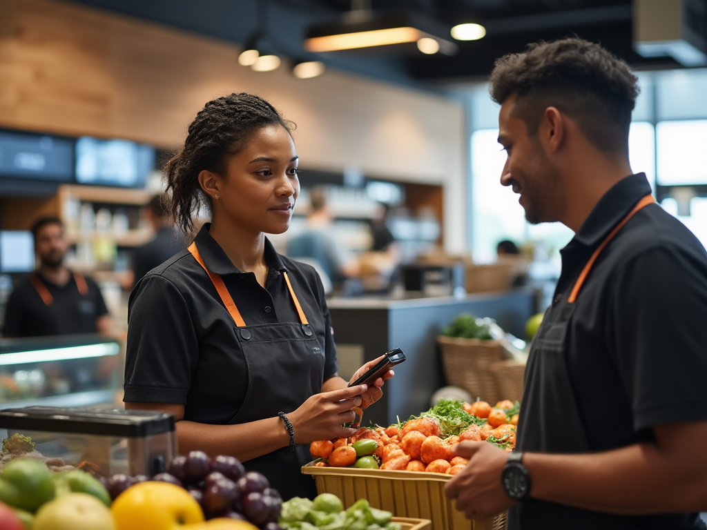 an Amazon Go worker showing a customer how to check out