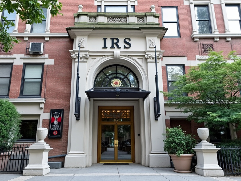 a photo of the I.R.S. headquarters with the building entrance and sign