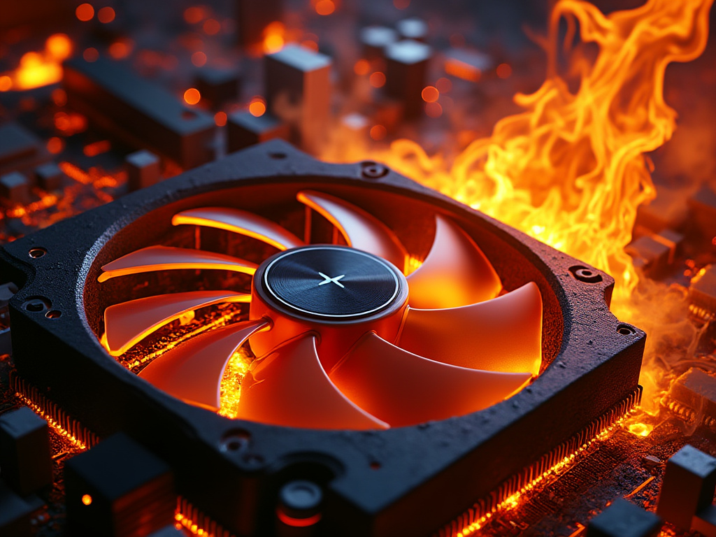 a photo of a computer GPU fan in hell, with fire and smoke and other computer hardware melting