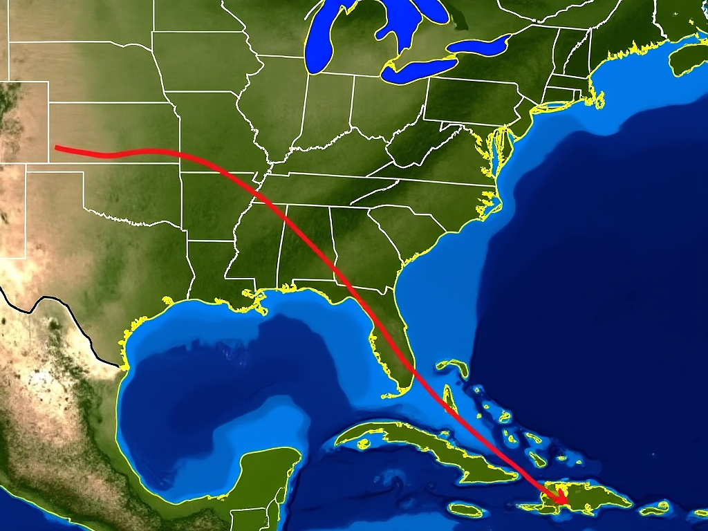 a satellite view of the United States with a red line drawn around through the path described