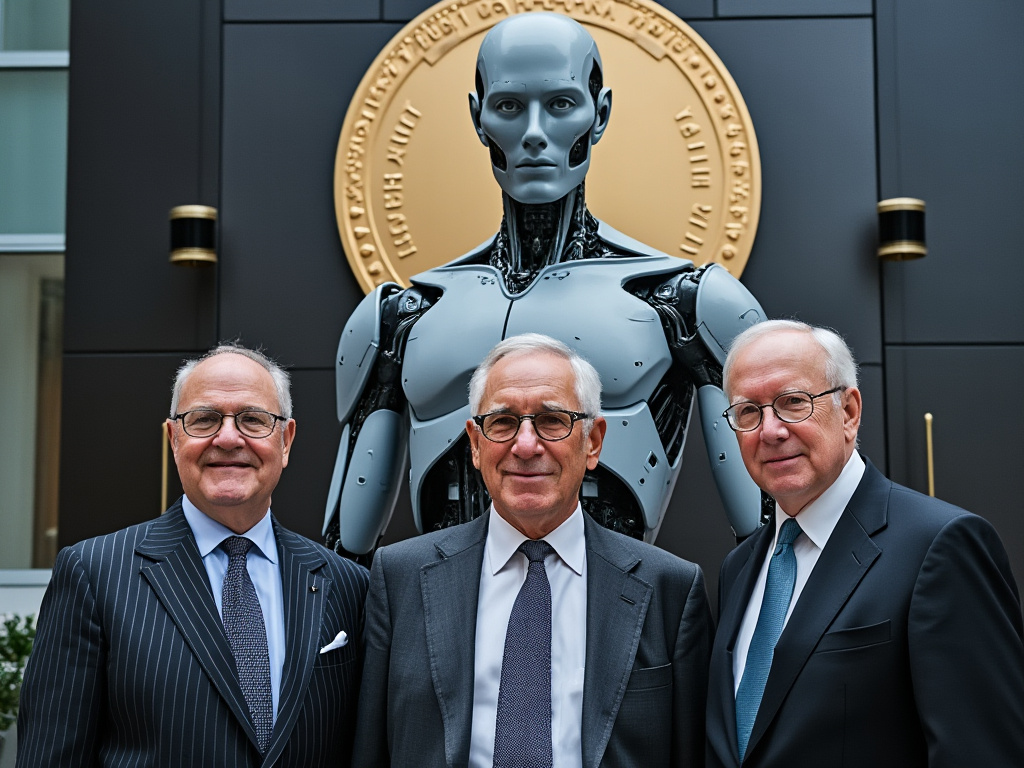 a photo of a group of well-dressed older gentlemen standing in front of a Nobel Prize sign with a giant image of an AI robot behind them