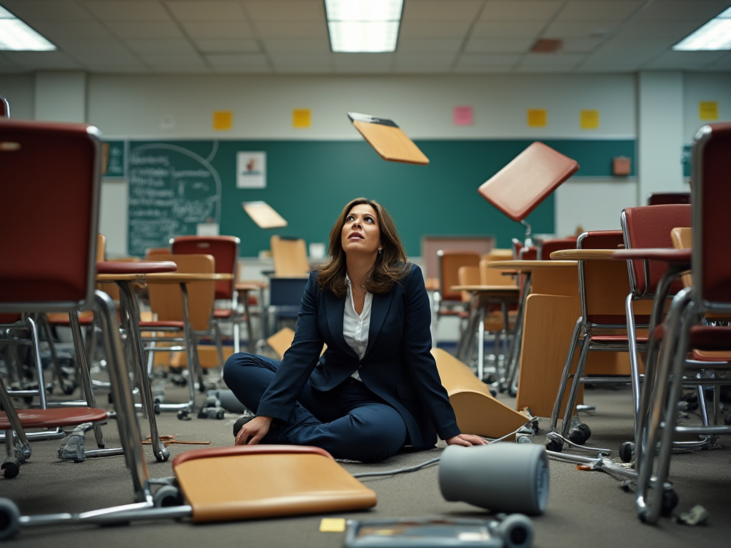 a photo of a classroom in chaos with chairs knocked over and Kamala Harris sitting on the ground looking up