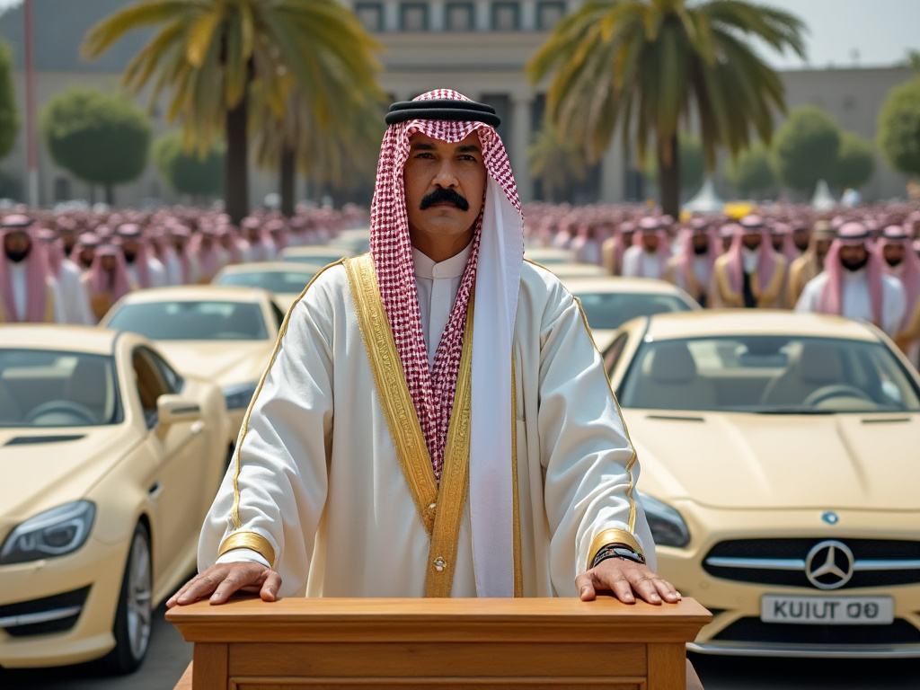 a man with a mustache wearing white robes and a headdress standing at a podium in front of a row of cream-colored cars with many other men in the same attire standing in a crowd around him
