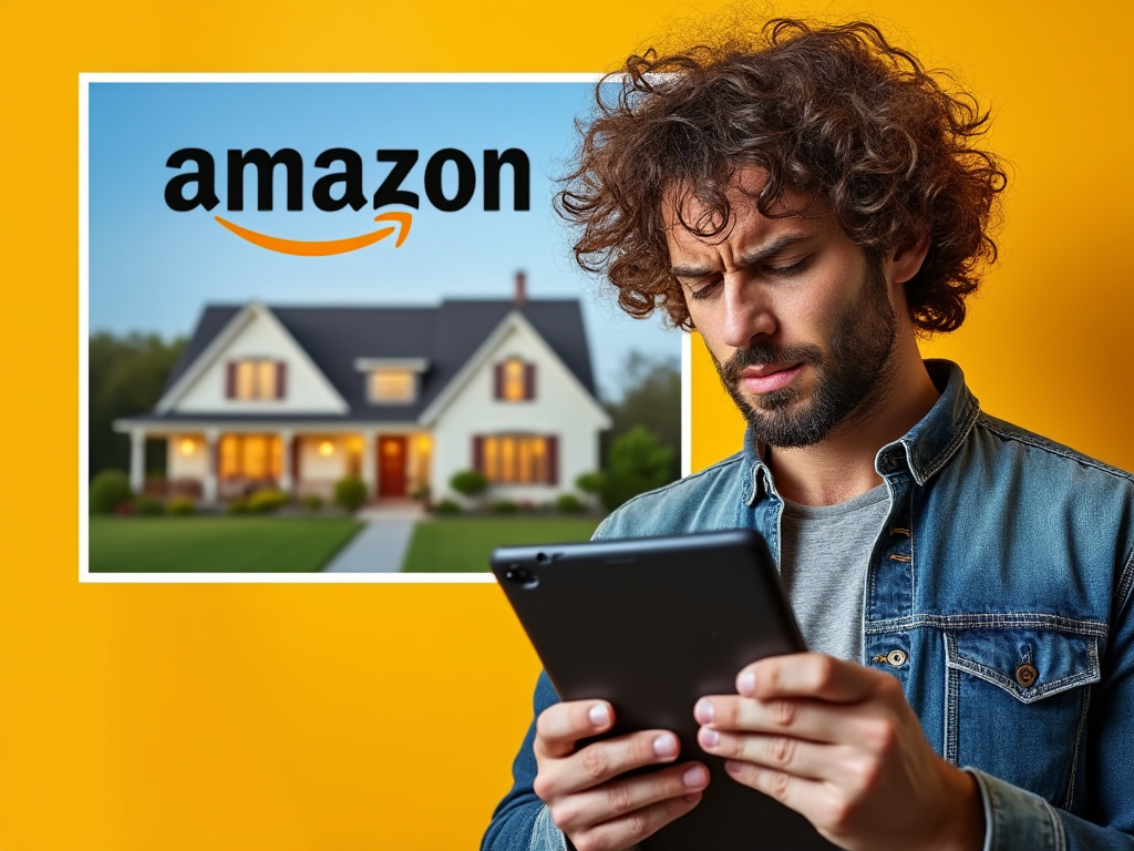 a photo of a man with curly hair holding a kindle fire in front of a house and looking frustrated with an inset of an amazon logo on yellow background