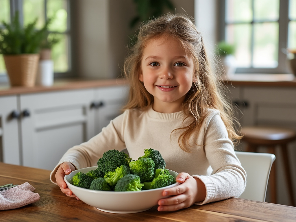a little girl sitting at a dining room table with a bowl of broccoli on the table