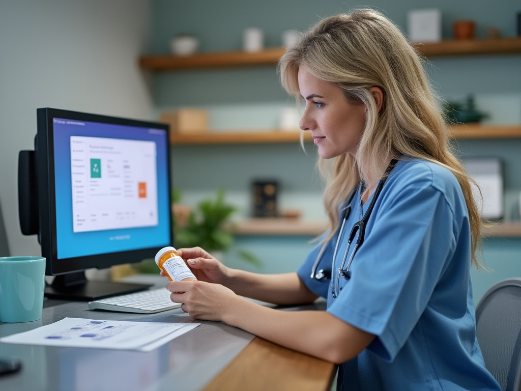 a photo of a white American woman receiving a prescription on a tv 