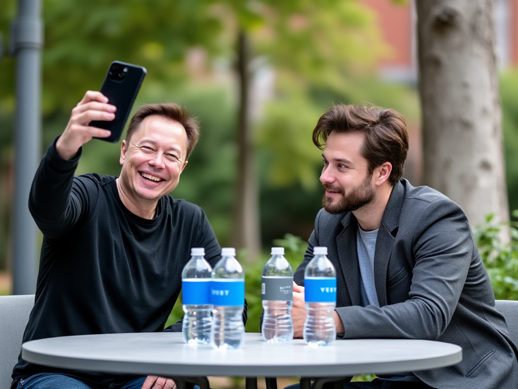 a photo of Elon Musk and a man sitting at an outside table with water bottles, the man is holding up a smartphone sideways as if he is taking a video