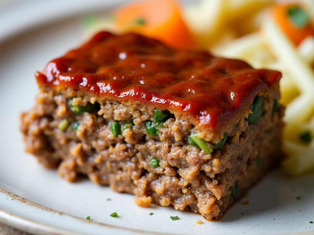 a close-up of someone's plate that appears to have a small cube of meatloaf on it