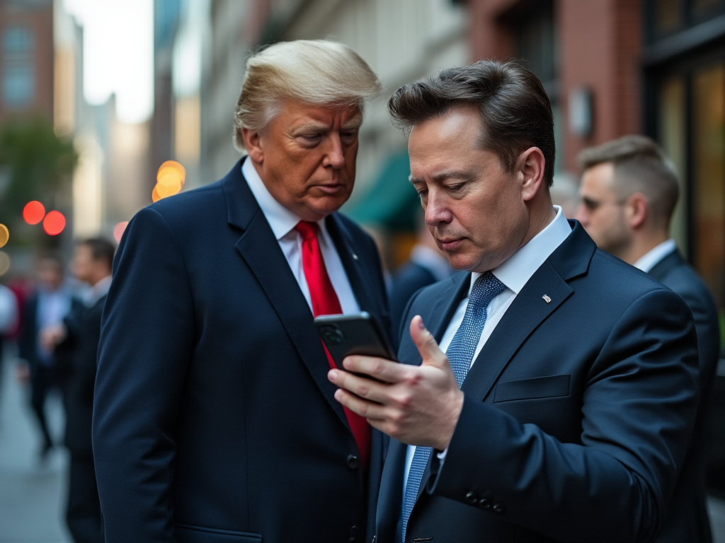 photo of Elon Musk using his phone and Donald Trump