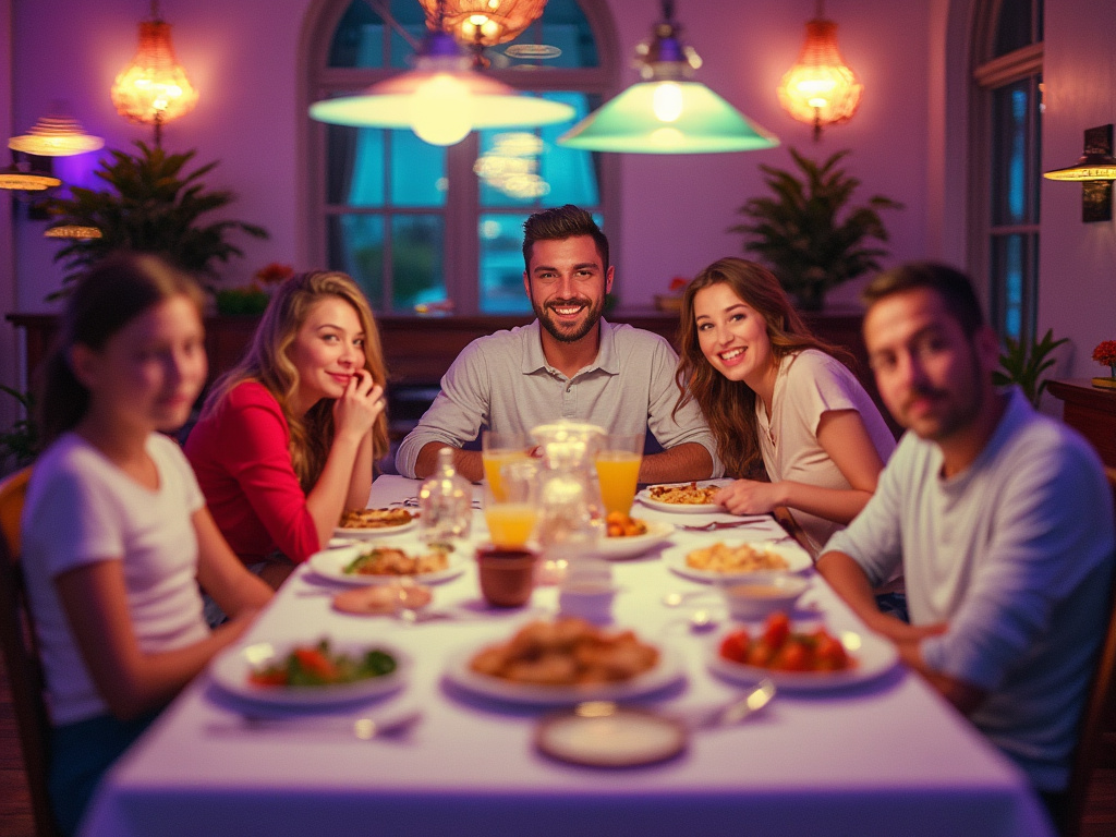 a photo of a blurred family sitting at a dinner table looking at the camera with trippy colors and a warped, distorted look