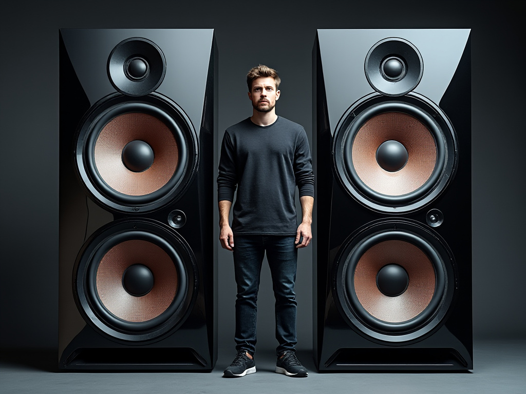 a man standing next to a pair of large, futuristic-looking speakers
