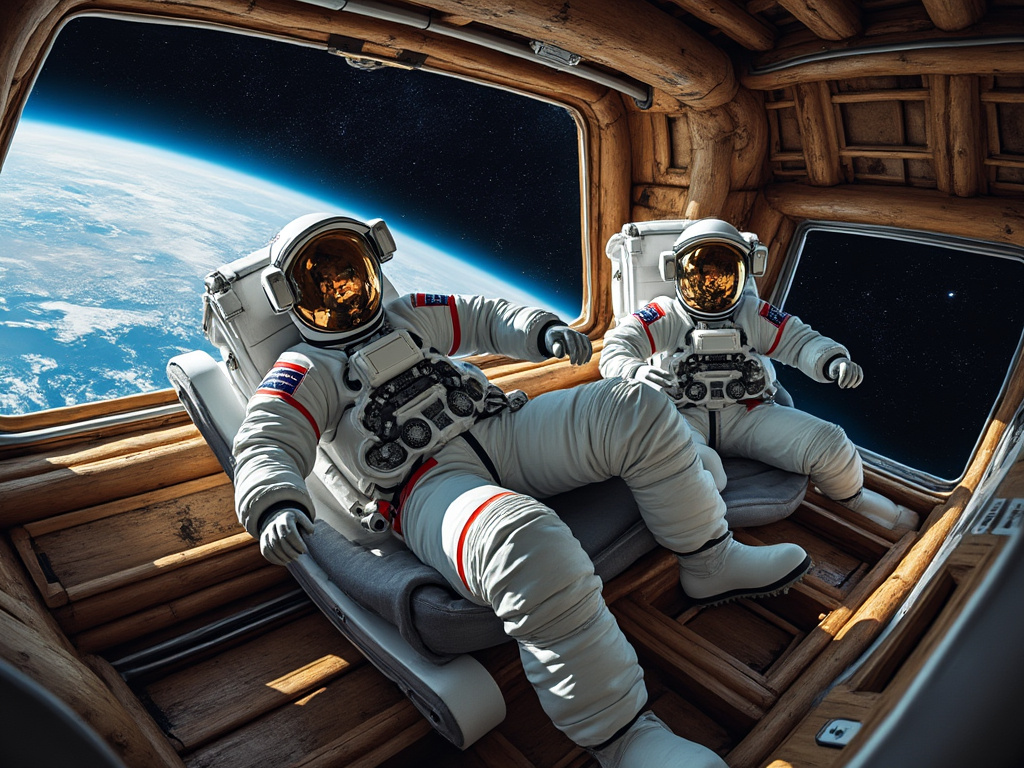 two astronauts tumbling around in the log cabin space station in space