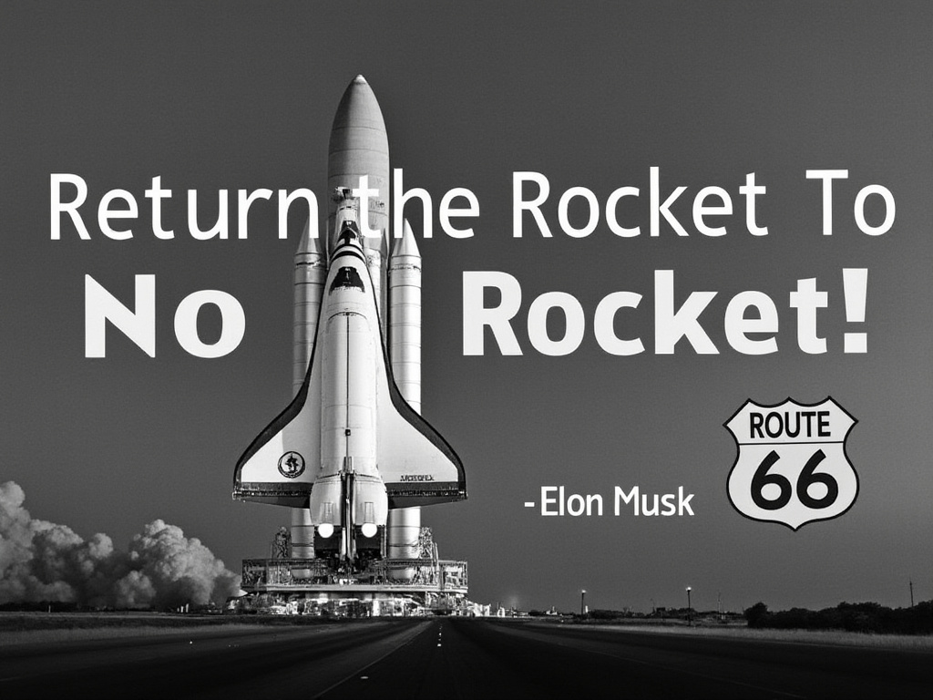 a photo of Elon Musk and a space shuttle with text reading "Return the Rocket to Route 66"