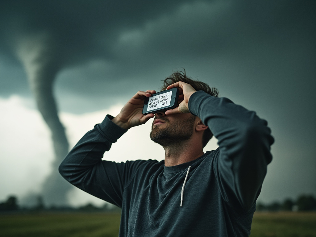 a photo of a man outside in a storm with hands cupped around his eyes looking at a tornado with a phone in the other showing address labels for evacuation on instagram