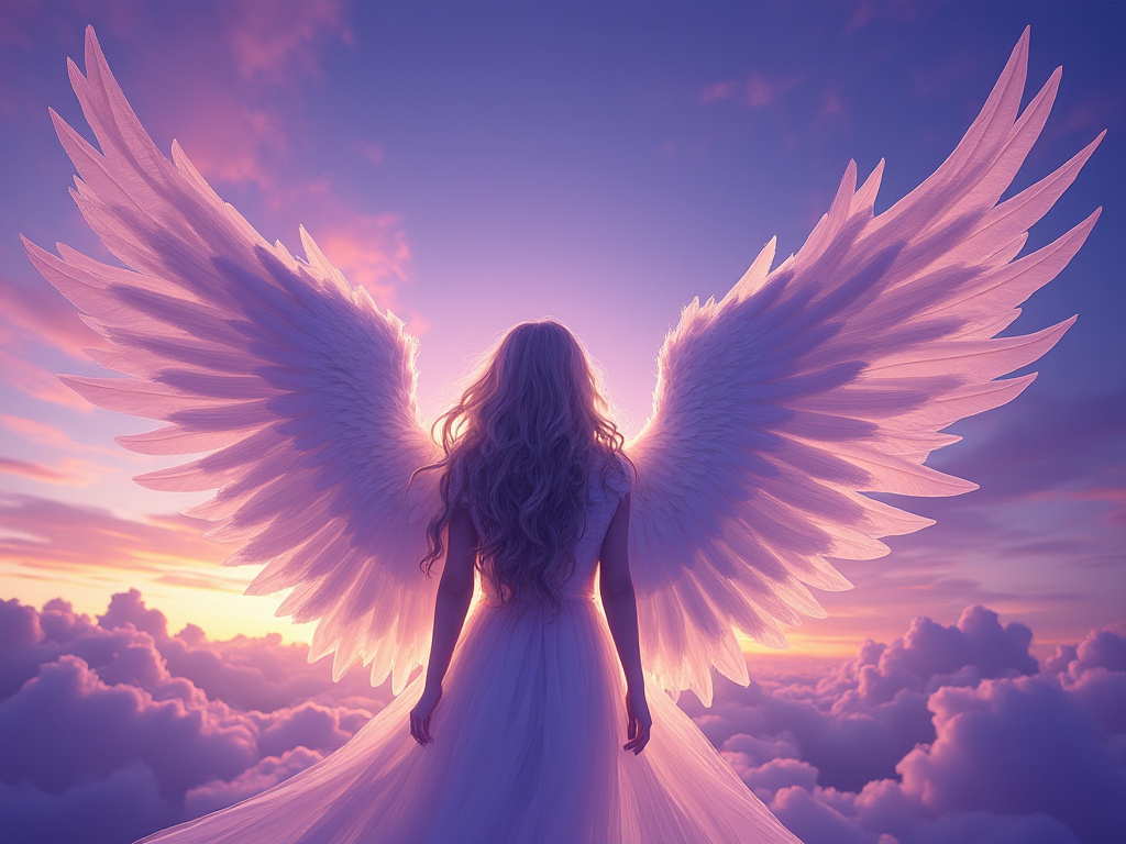 a picture of an angelic figure standing in front of a changing purple sky